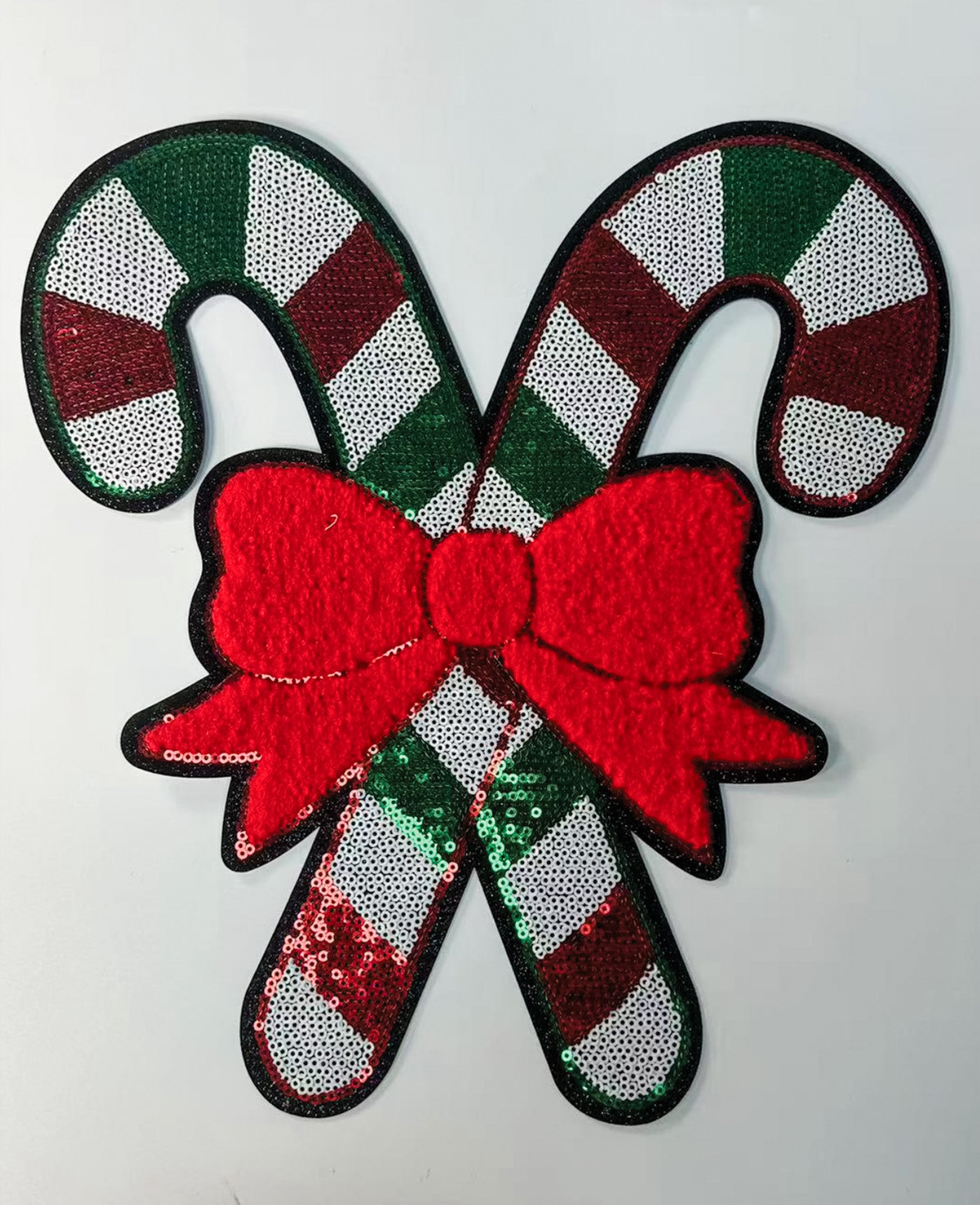 Green Candy Canes Bow Sequin Chenille Patch