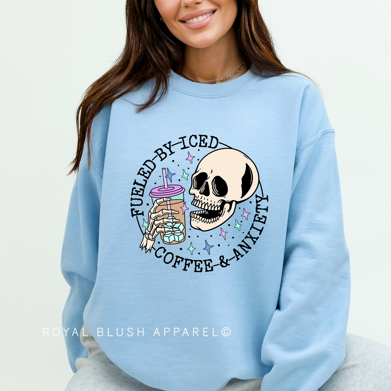 Skeleton Fueled By Iced Coffee & Anxiety Full Color Transfer