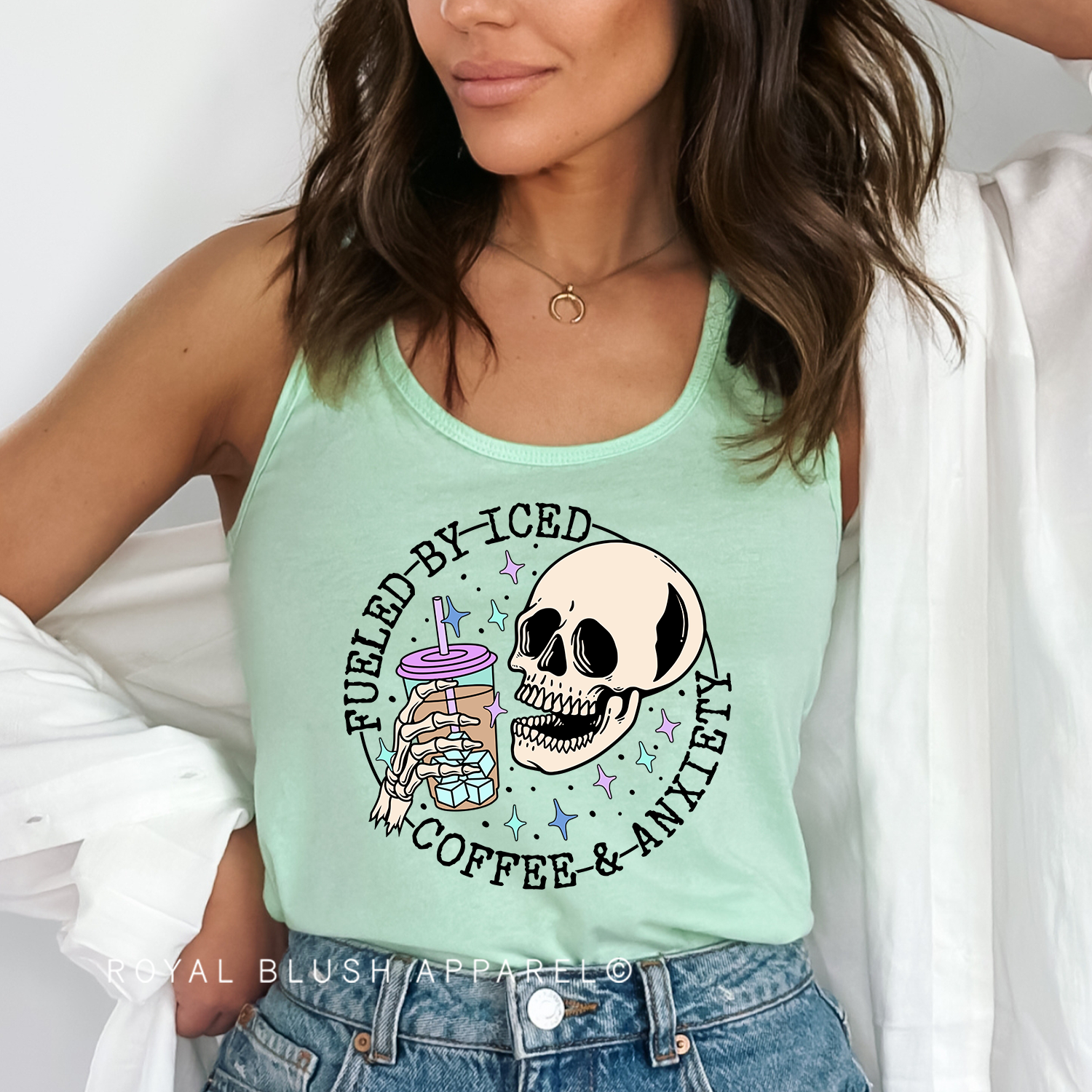 Skeleton Fueled By Iced Coffee & Anxiety Full Color Transfer