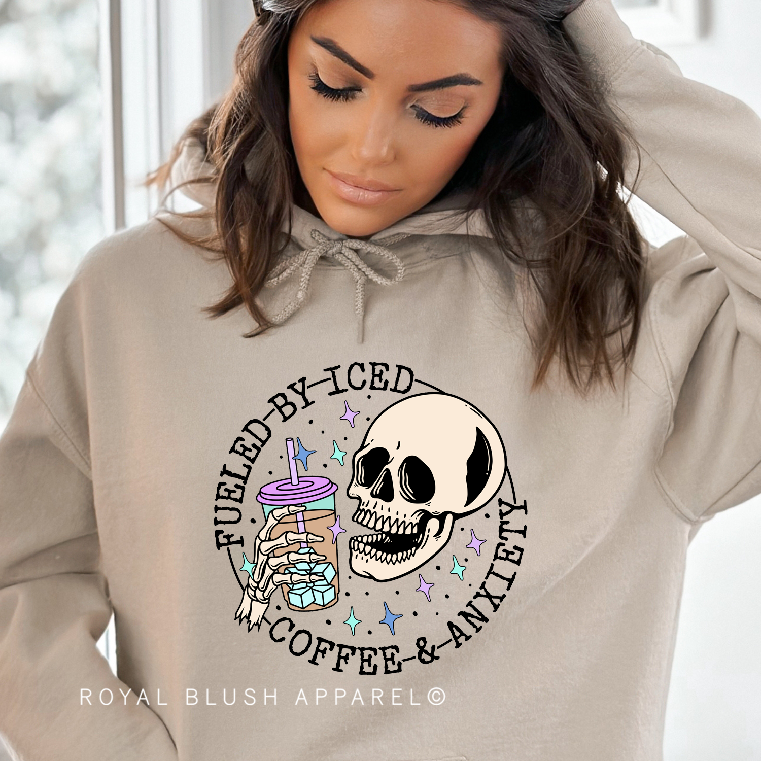 Skeleton Fueled By Iced Coffee & Anxiety Full Color Transfer