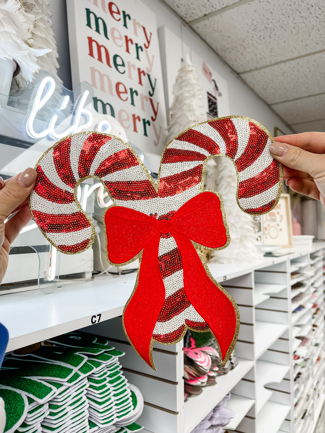 Red Candy Canes Bow Sequin Chenille Patch
