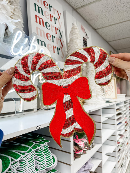 Red Candy Canes Bow Sequin Chenille Patch