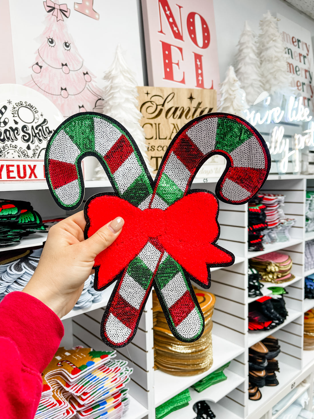 Green Candy Canes Bow Sequin Chenille Patch