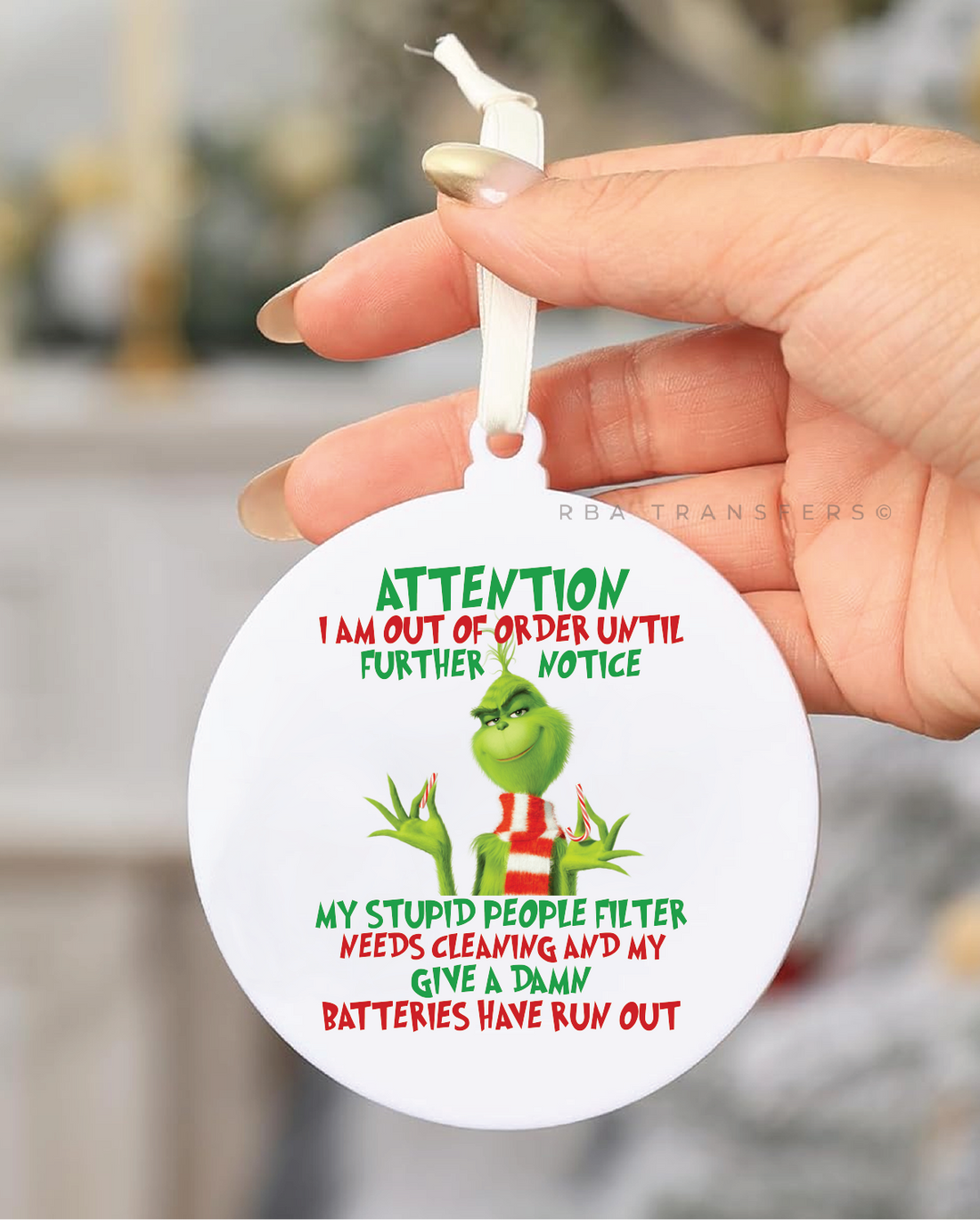 Attention Grinch 3&quot; Acrylic Ornament UV DTF Sticker