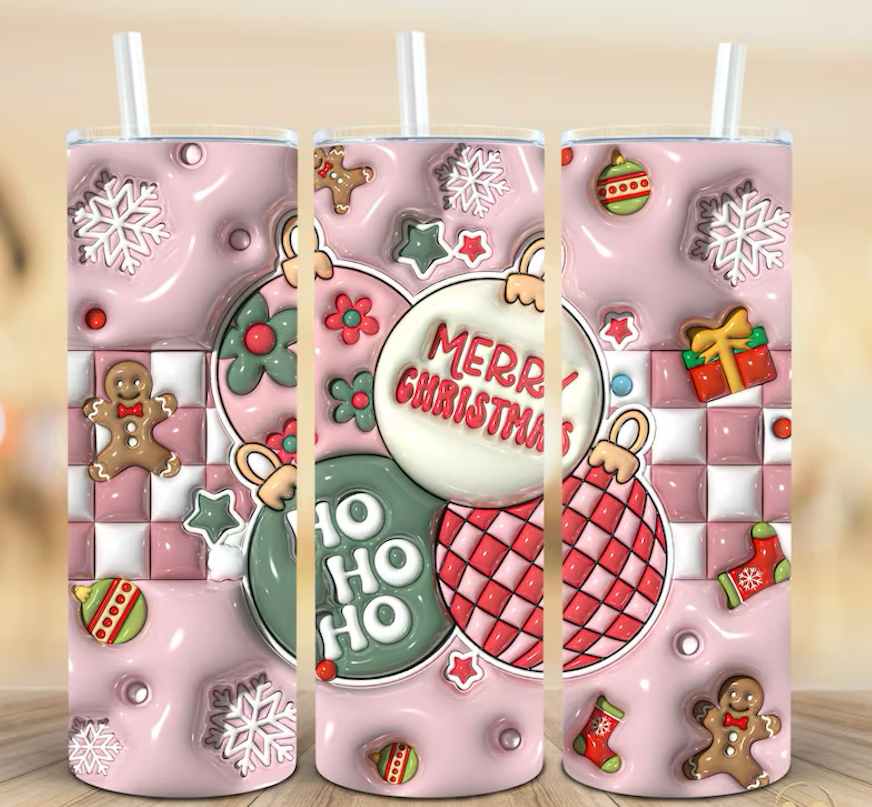 Pink Checkered Gingerbread 20oz 3D Inflated Sublimation Wrap