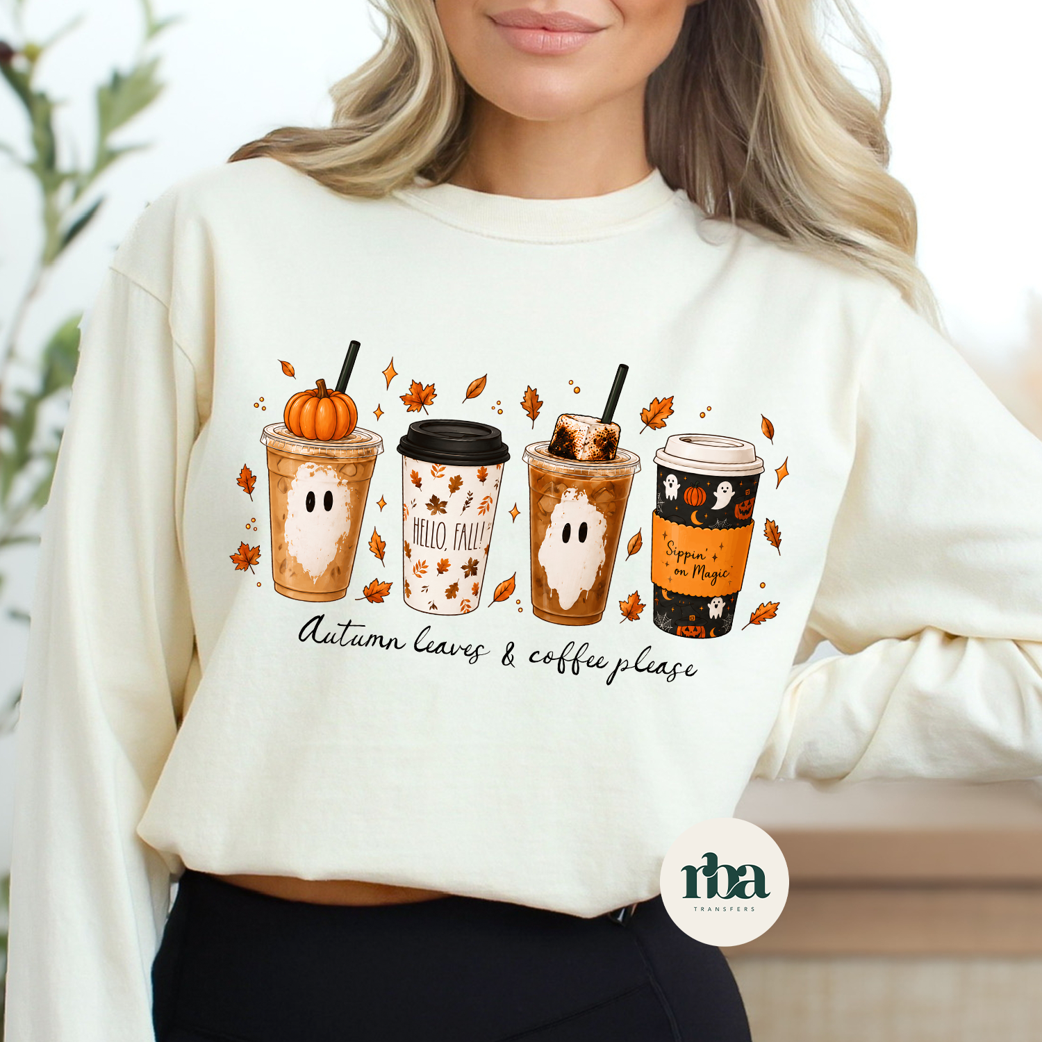 Autumn Leaves and Coffee Please DTF Transfer ready-to-press DTF transfer shown on apparel