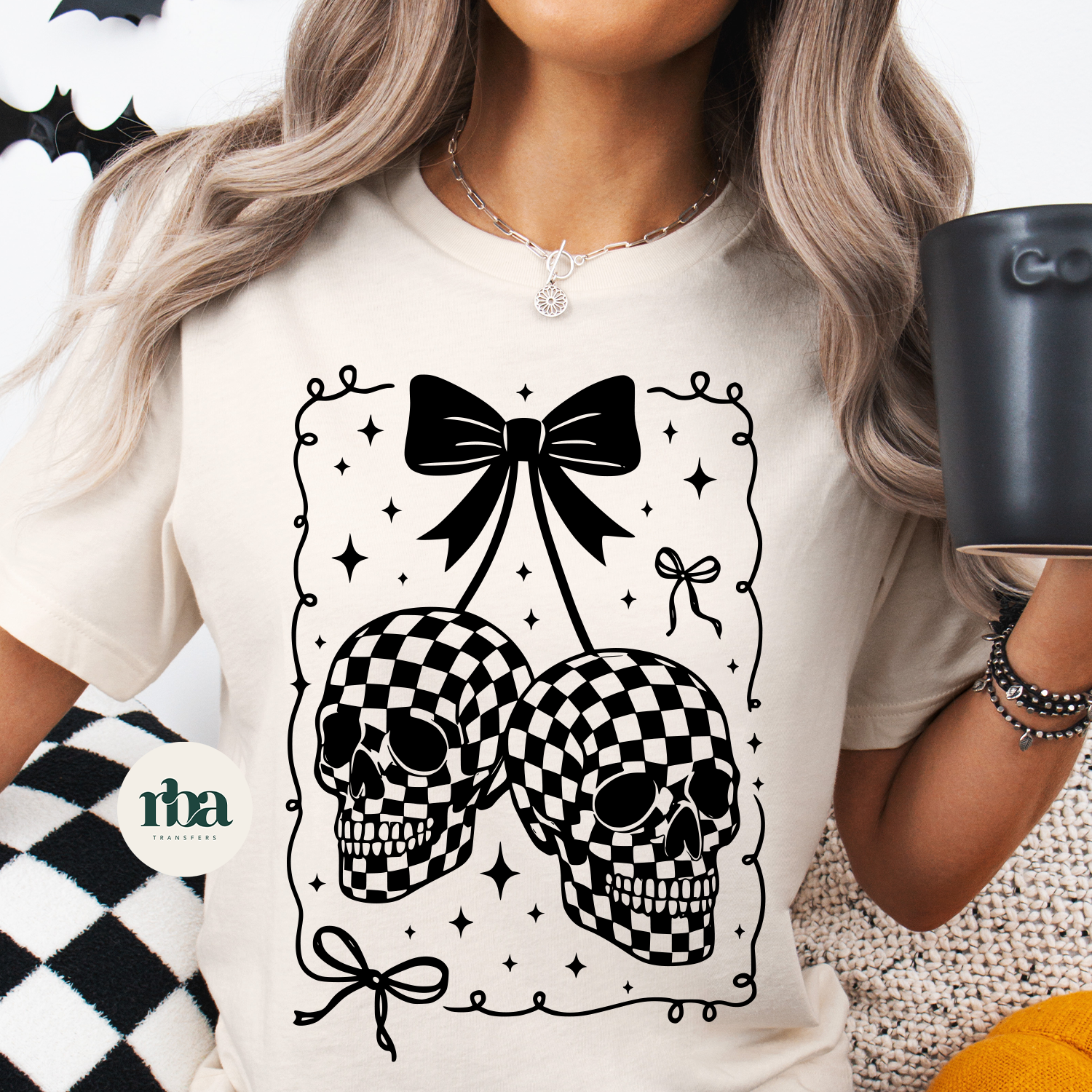 Checkered Skulls DTF Transfer ready-to-press DTF transfer shown on apparel