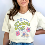Find Me Under The Palms DTF Transfer ready-to-press DTF transfer shown on apparel