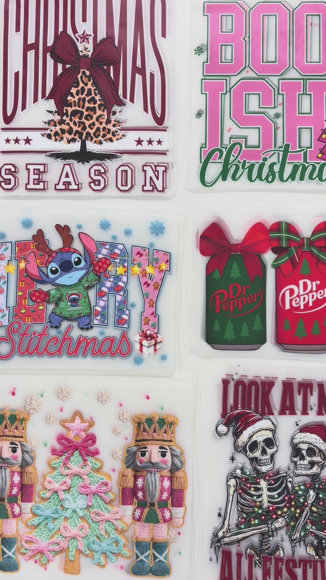 Video showcasing a large collection of cut and ready-to-press DTF transfer designs with vibrant full-color prints for custom apparel.