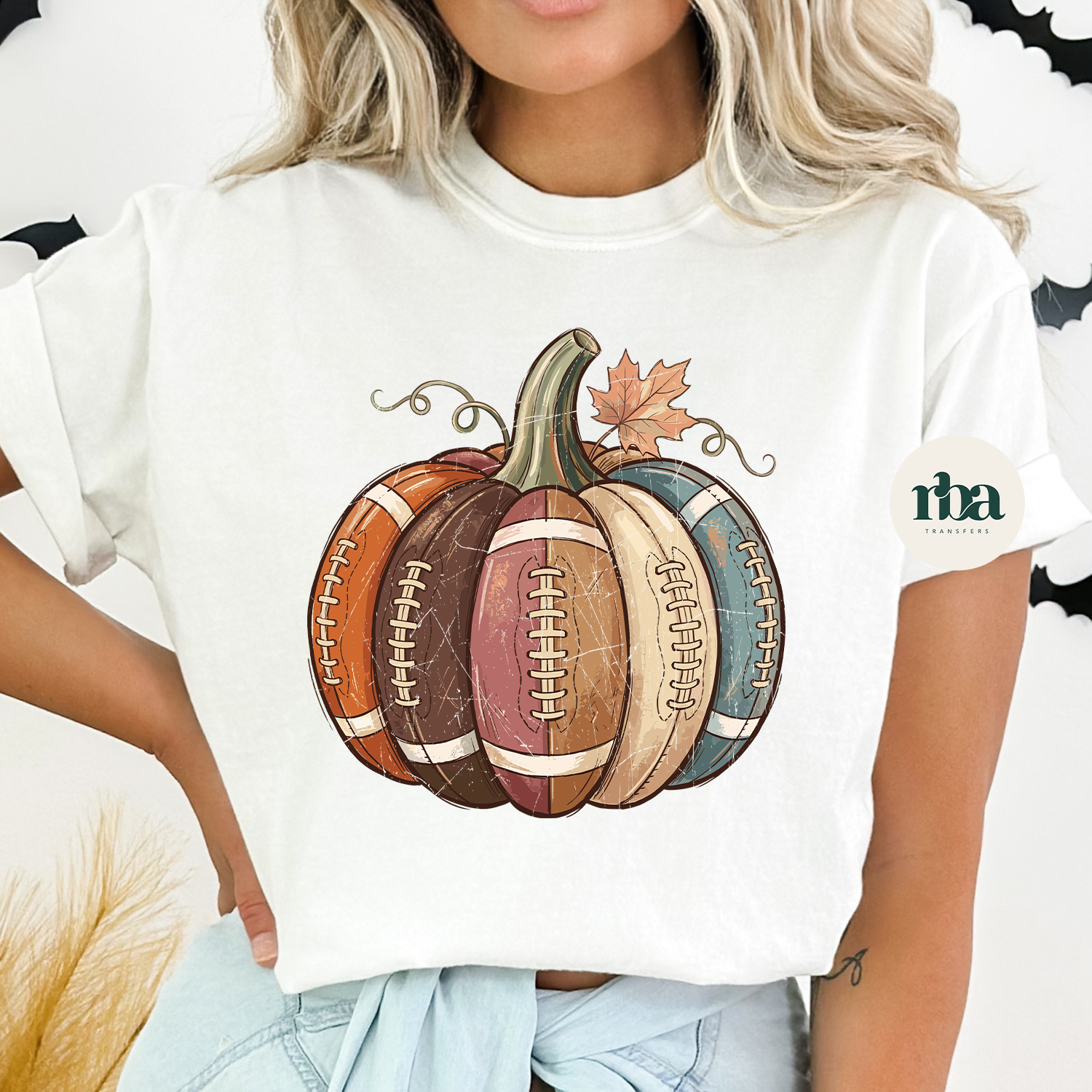 Pumpkin Football DTF Transfer ready-to-press DTF transfer shown on apparel
