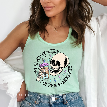 Skeleton Fueled By Iced Coffee &amp; Anxiety Full Color Transfer