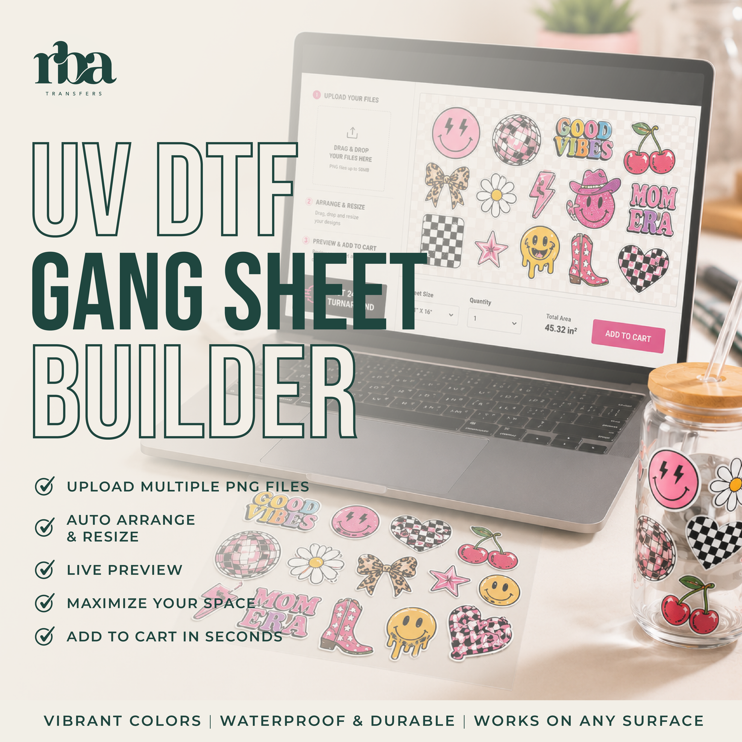 RBA Transfers UV DTF Gang Sheet Builder showing a custom UV sticker gang sheet with live preview, multiple PNG upload, auto arrange and resize tools for creating waterproof UV DTF transfers.