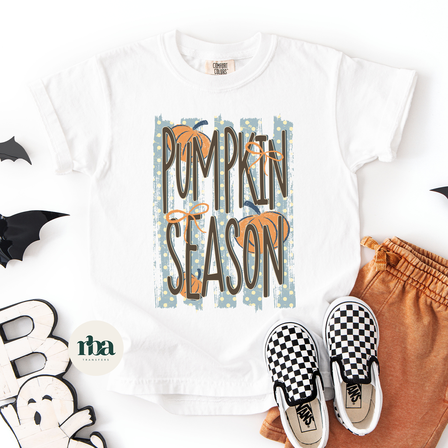 Pumpkin Season Blue Stripe Youth DTF Transfer ready-to-press DTF transfer shown on apparel