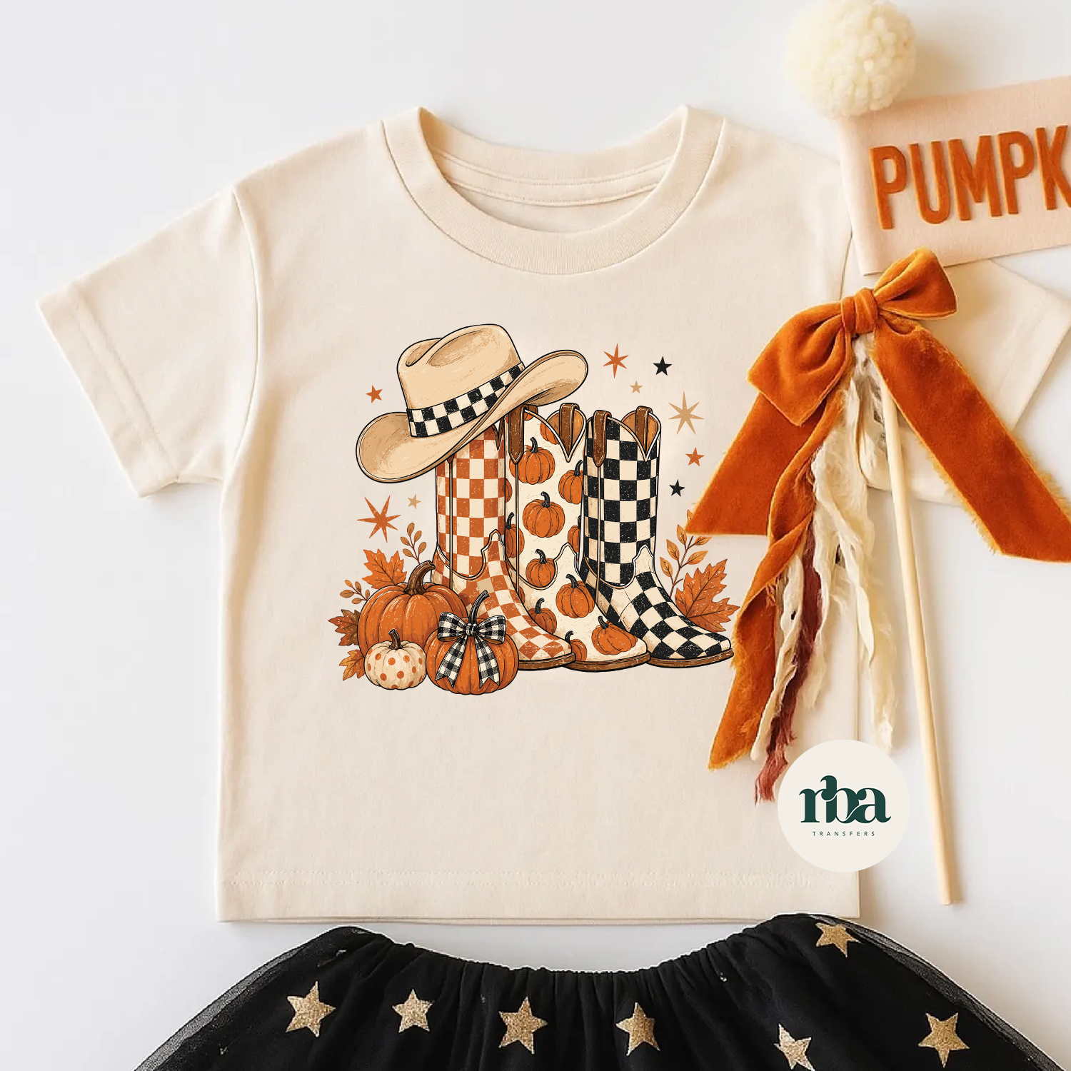 Cowgirl Boots Fall Youth DTF Transfer ready-to-press DTF transfer shown on apparel