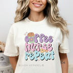 Coffee Nurse Repeat DTF Transfer ready-to-press DTF transfer shown on apparel