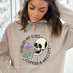 Skeleton Fueled By Iced Coffee & Anxiety DTF Transfer ready-to-press DTF transfer shown on apparel
