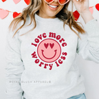Love More Worry Less Heart Eyes DTF Transfer ready-to-press DTF transfer shown on apparel